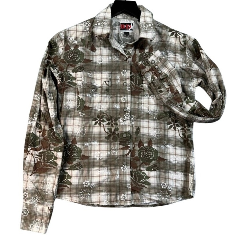 B&D Panhandle Slim Western Shirt S Brown Plaid Floral Pearl Snap Rodeo Olive Top